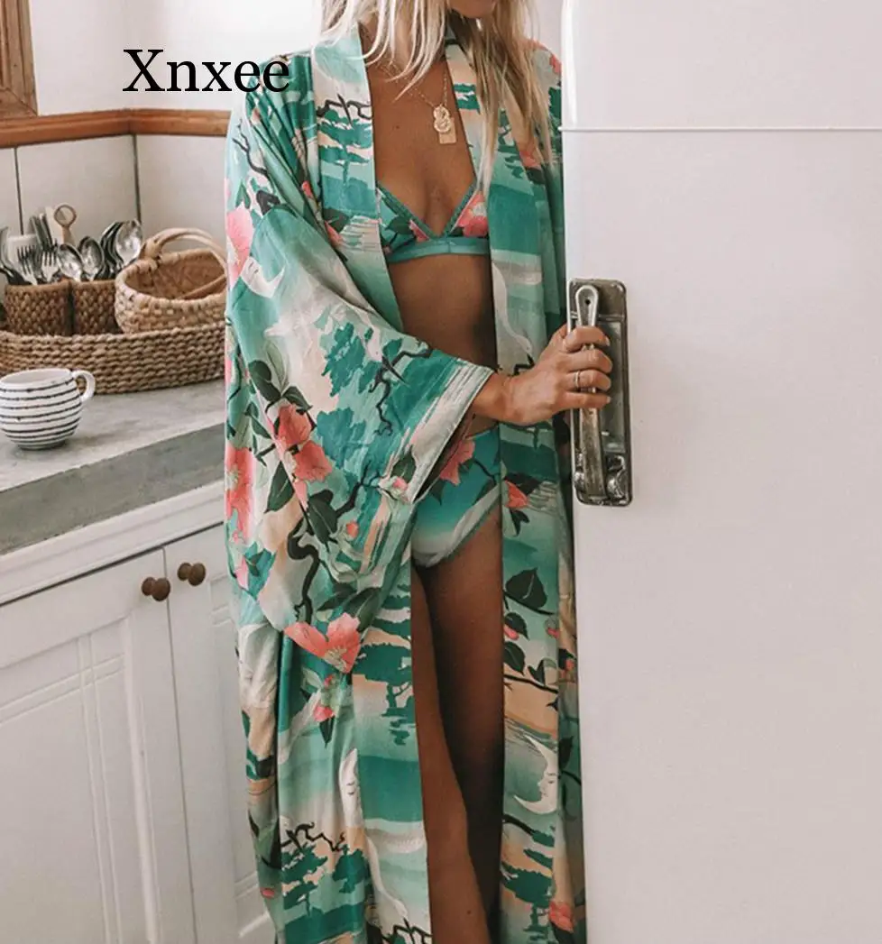 Женское кимоно Xnxee Boho Nightingale длинное хиппи с поясом на талии свободный