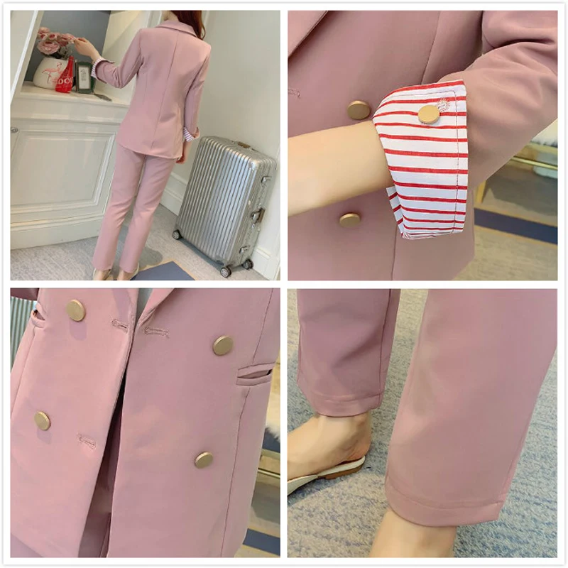 Весенний розовый женский брючный костюм двубортный офисный из блейзера и брюк