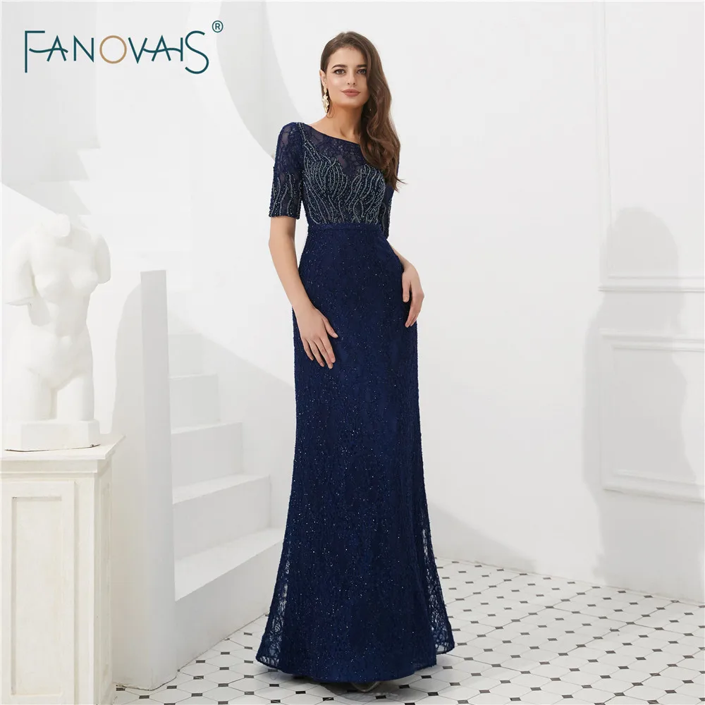 

Elegant 2019 Evening Dresses Long Straight Evening Gown Navy Short Sleeve Crystal Beaded Prom Dress Robe de Soiree NS1