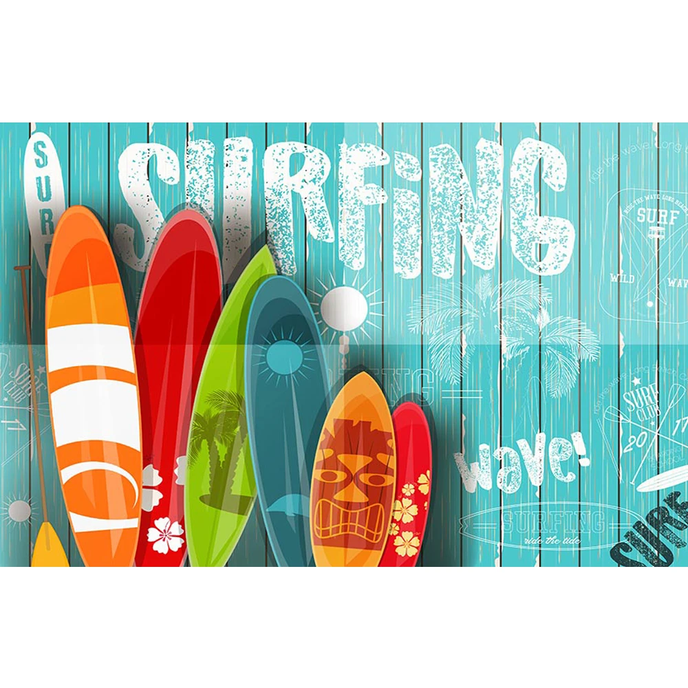 

Летний праздник сёрфинга тематический фон Фотография Печать солнце ладонь световые гирлянды для деревьев синие деревянные стены Детские Фото фоны
