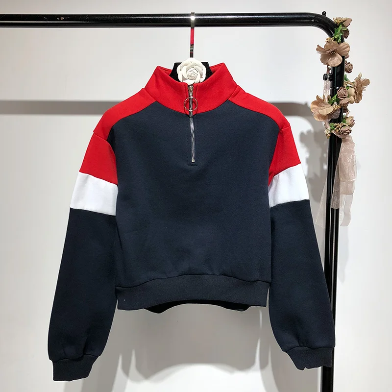 2018 осень зима мода уличная цвета контрастный короткий Свитшот женские толстовки