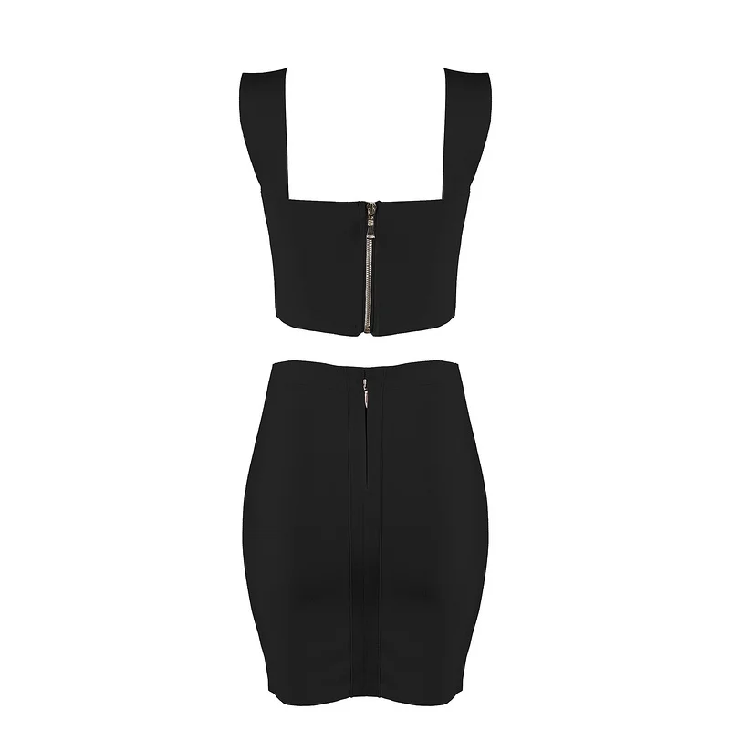 Leger Babe Square Collar Without Sleeve Back Zipper Short Top Sexy Elastic Package Hip Mini Party Dress Two Pieces Set Clubwear