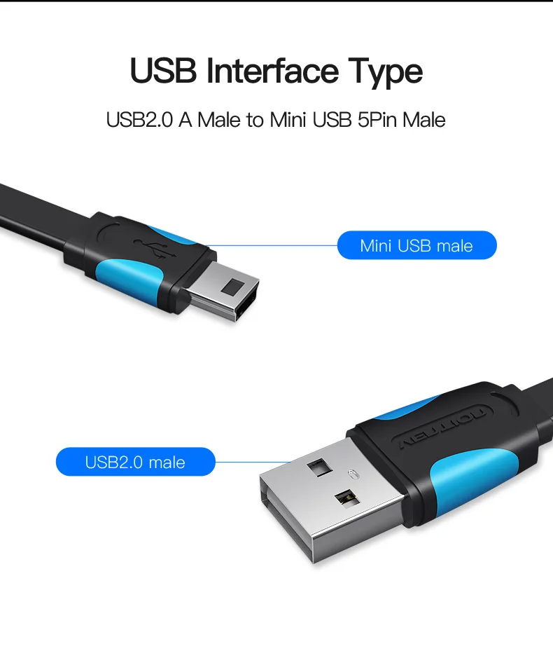 Vention Mini USB кабель 0,25 м 0,5 м 1 м 1,5 м 2 м для синхронизации данных USB Зарядное устройство кабель для MP3 MP4 плеер gps Камера мобильный телефон Mini USB