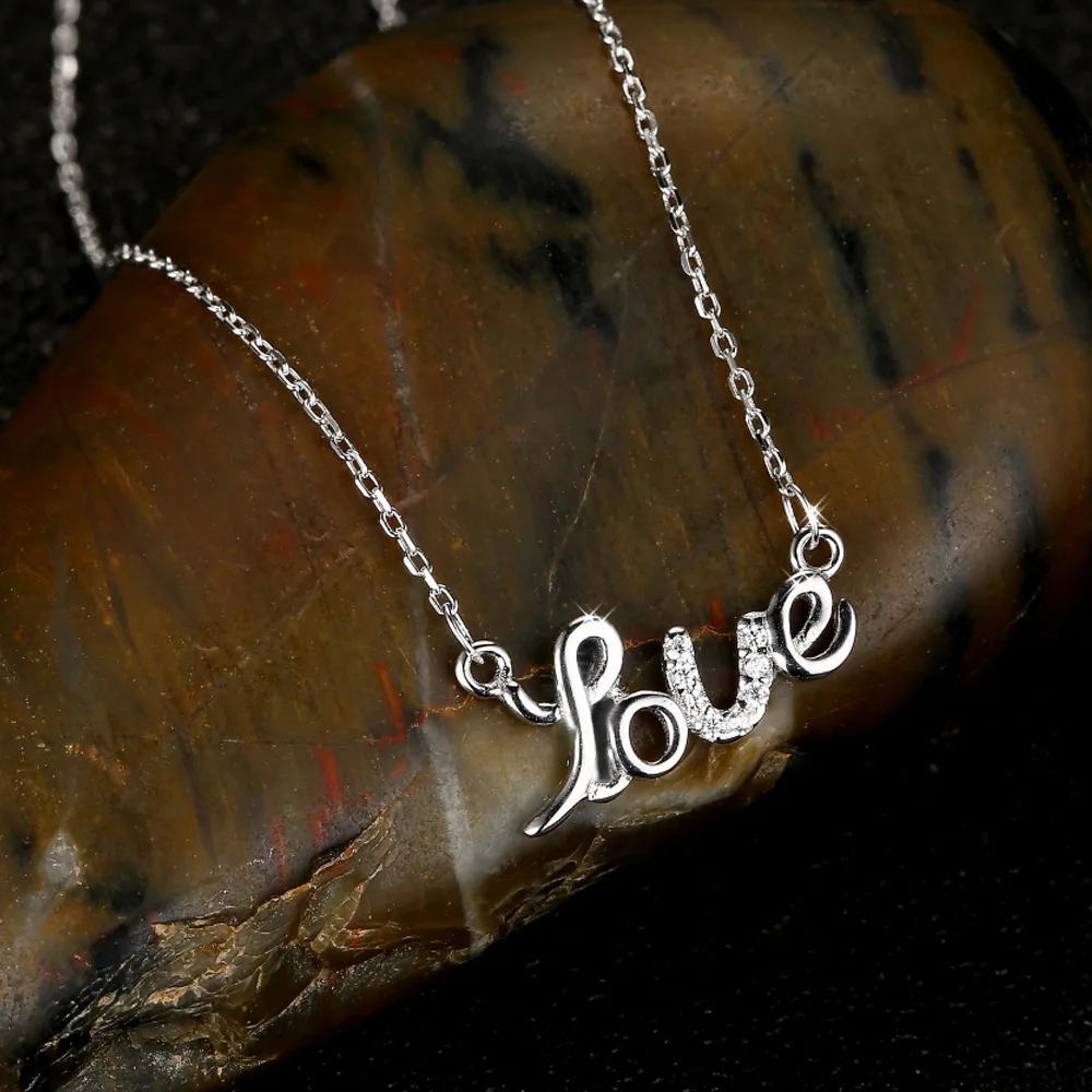 Authentic 925 Sterling Silver Necklace For Women Love Word Zircon Necklaces &amp Pendants Jewelry Charms Jewellery Choker Gift M192 |
