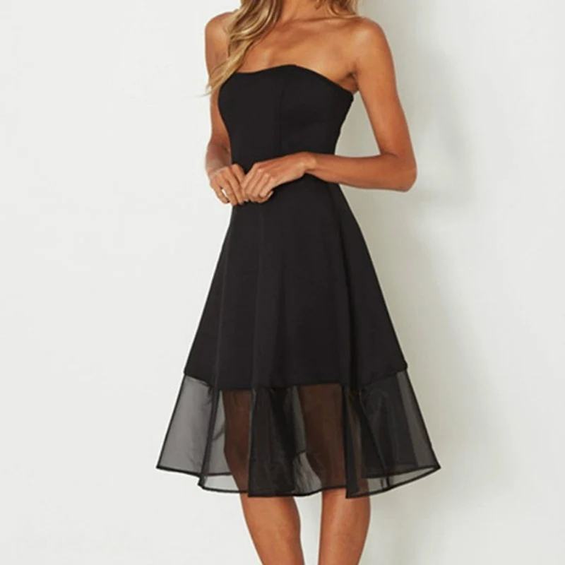 Женское Сетчатое платье до середины голени без бретелек а-силуэта модное черное