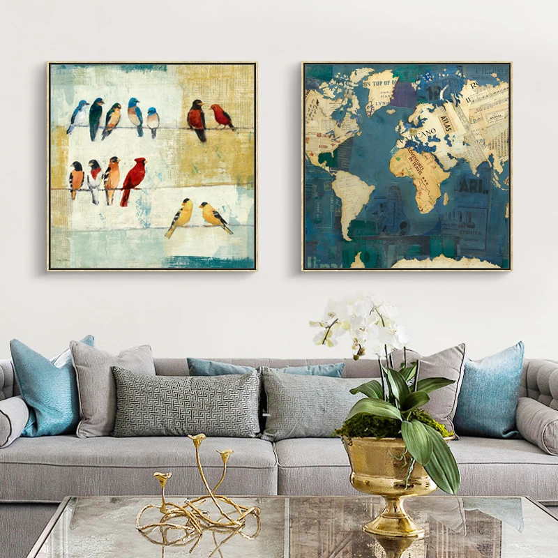 Винтажный штамп Картина на холсте ретро настенные птичьи принты карта домашнее