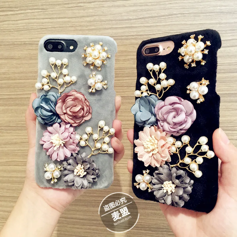 

Aoweziic New 3D flower pearl rabbit For iPhone7 phone cases X XS MAX XR 8 Plus protective sleeve 6s flannel hard shell tide DIY