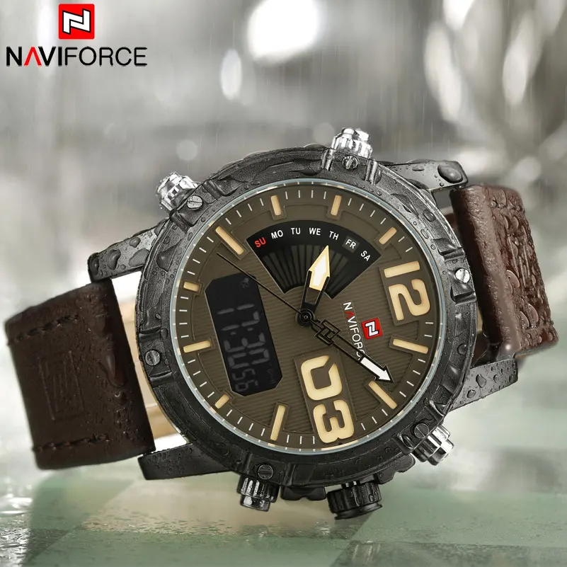 Мужские спортивные часы NAVIFORCE брендовые кожаный кварцевые светодиодный цифровые