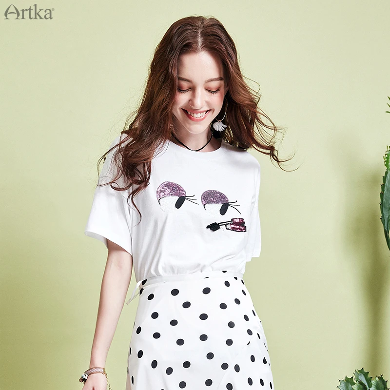 ARTKA, летняя Женская Повседневная футболка, сексуальные губы, ресницы, узоры, о-образный вырез, хлопок, футболки, женские, подходят ко всему, короткий рукав TA15097X