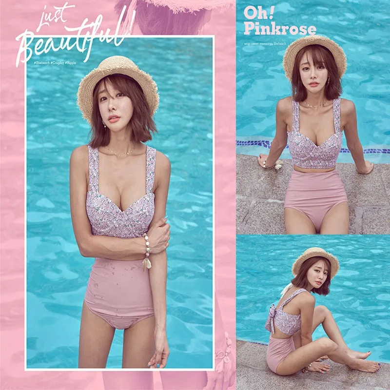 Женский бикини бандо купальник с растительным узором Женская высокая талия пуш