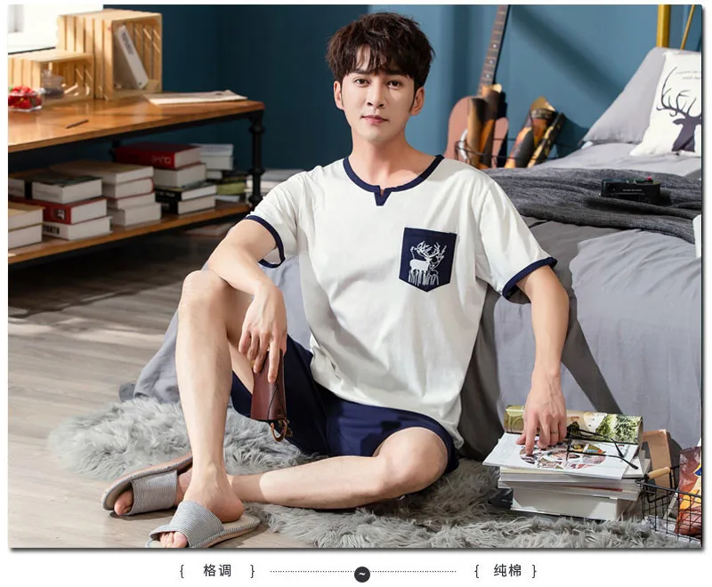 Mens Pajama Set Cotton Home Clothing Leisure Sleeping Suit Men Summer Shorts Pyjama Set Cotton Men Two Pieces Nightwear Men