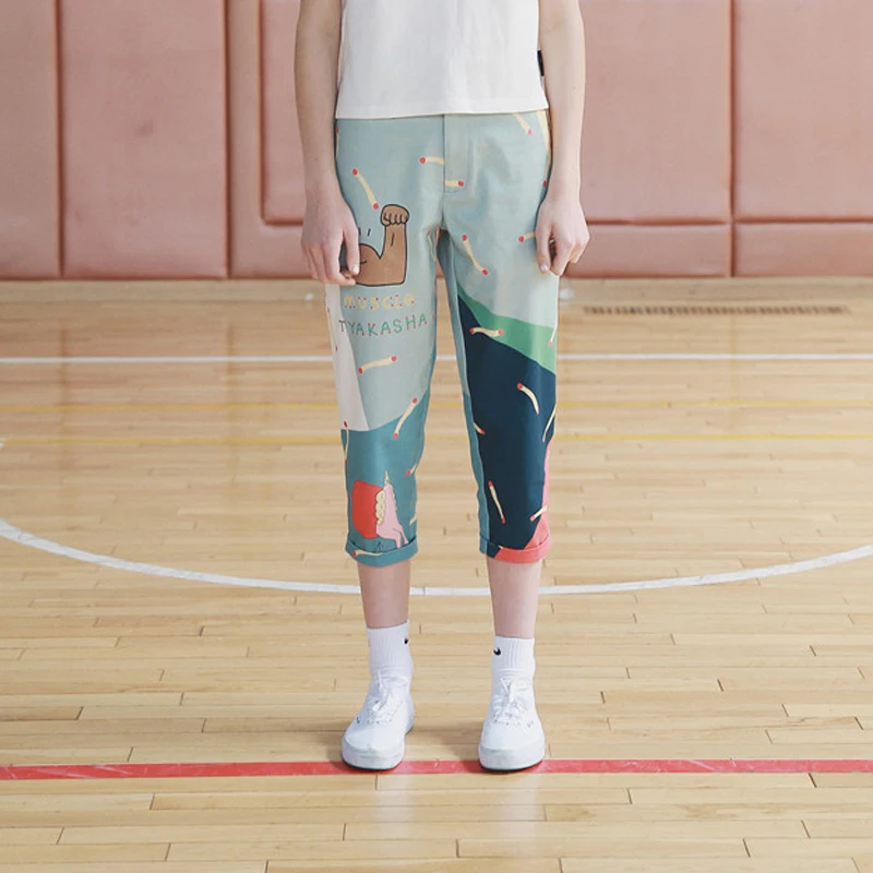 Милые Яркие летние новые повседневные свободные брюки до щиколотки с игривым