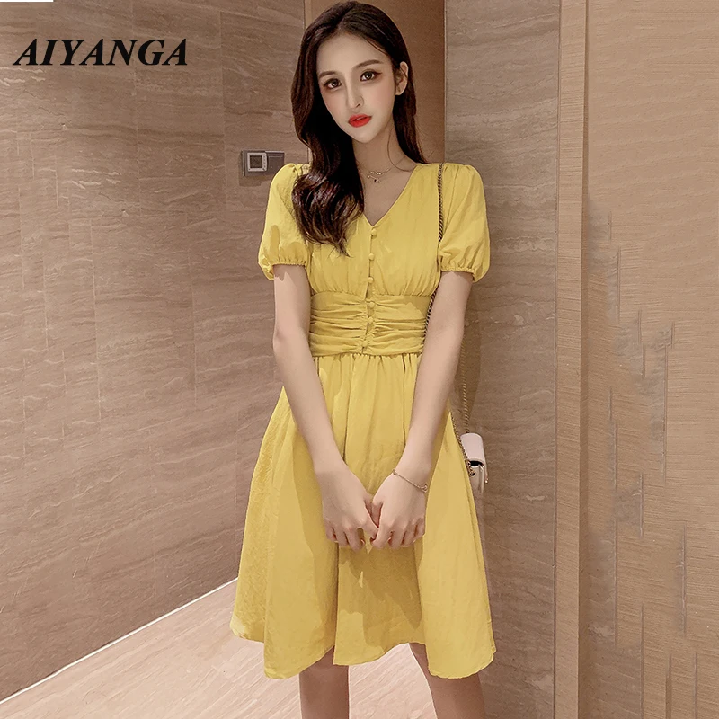 

Women V-neck Sexy Dress Single-breasted High Waist Puff Sleeve Female Short Vestidos Vintage Fashion A-line Women Dress 2020