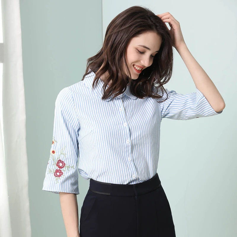 Embroidery Tops Women Fashion Peter Pan Collar Blouses Shirts Elegant Lady Office Cute Sweet Button Blue Striped Shirt 5XL 4XL |