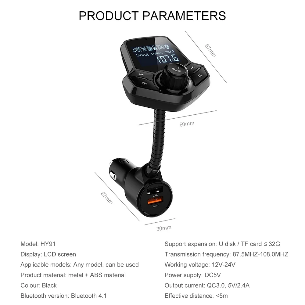 

Multi-function Voice QC3.0 Bluetooth Car Charger Modern Big Screen Lyrics Display Car Bluetooth Player MP3 Car FM Transmitter 7#