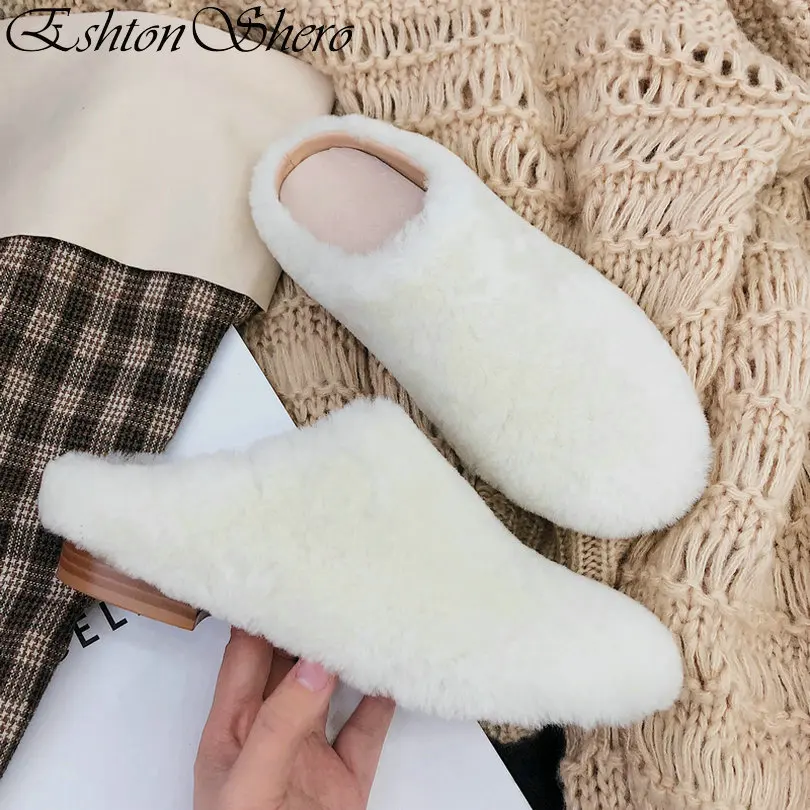 EshtonShero 2019 женские тапочки на низком каблуке из овечьей и искусственной кожи без