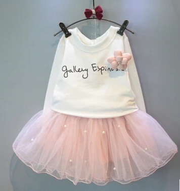 

Красивая Белая футболка для девочек и розовая юбка с милым комплектом одежды для детей, весенний комплект детской одежды для девочек, костю...