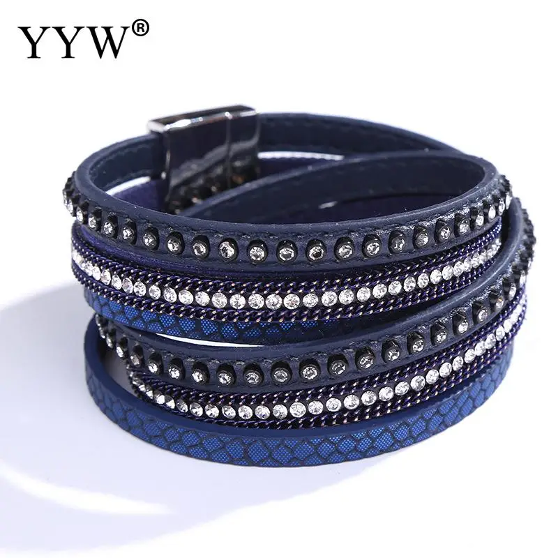 blue black Модный многоцветный магнит панк женский браслет из ПУ искусственной кожи хрустальные бусины Многослойные ретро женские современные ювелирные изделия Bileklik - Окраска металла: blue black