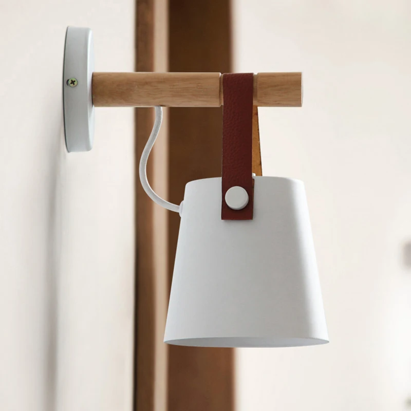 

LED Wall Light Wood Wall Lamp Bed Bedside Light Night Lights Modern Nordic Lampshade Home Decor White & Black Belt E27 85-265V