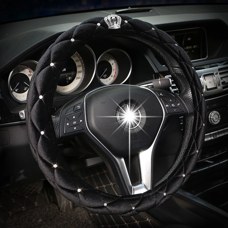 

Winter Plush Car Steering Wheel Cover Diamond Crystal Rhinestone Crown Auto Steering Covers Universal Size 38CM For Most Car