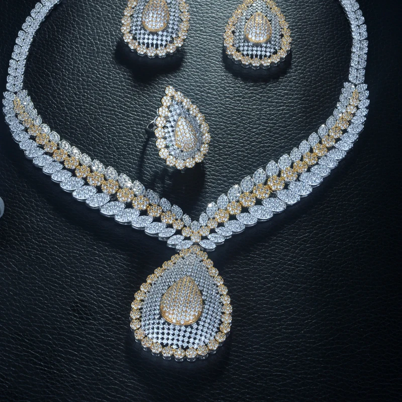 Be 8 2 Tones Copper Cubic Zirconia Wedding Jewelry Set Dubai Bridal 4pcs Necklace Bracelet Earring Ring Bijoux Femme S305 | Украшения и
