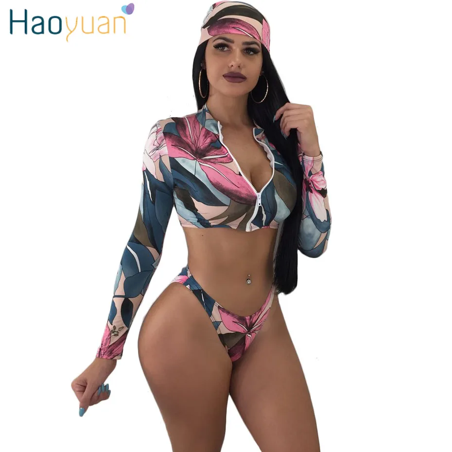 HAOYUAN, сексуальный комплект из 3 предметов, женский платок на голову+ топ на молнии+ треугольные Трусы-шорты, костюмы, летние пляжные комплекты из трех предметов в стиле бохо