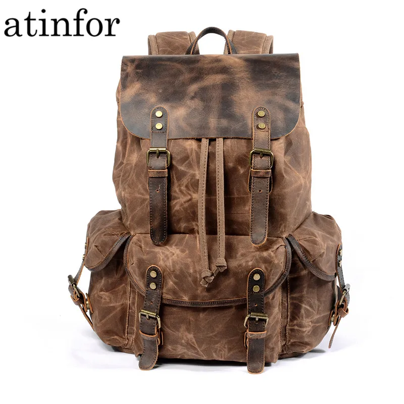 Водонепроницаемый рюкзак из вощеной ткани и натуральной кожи для мужчин