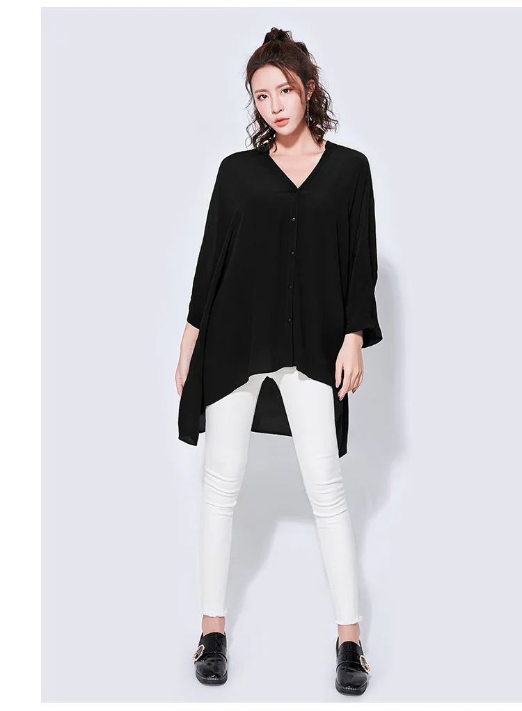 Hongsonghan Simple black color three quarter batwing sleeve tops 2018 Summer V-collar shirts loose big size irregular blouse |
