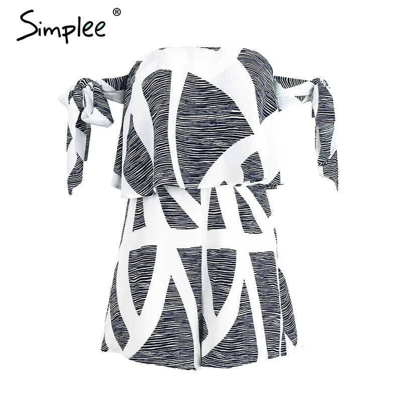 Geometric Print Женский короткий комбинезон Simplee, женский ромпер с открытыми плечами и геометрическим принтом, комбинезоны с облегающим рукавом, летний комбинезон с открытой спиной - Цвет: Geometric Print
