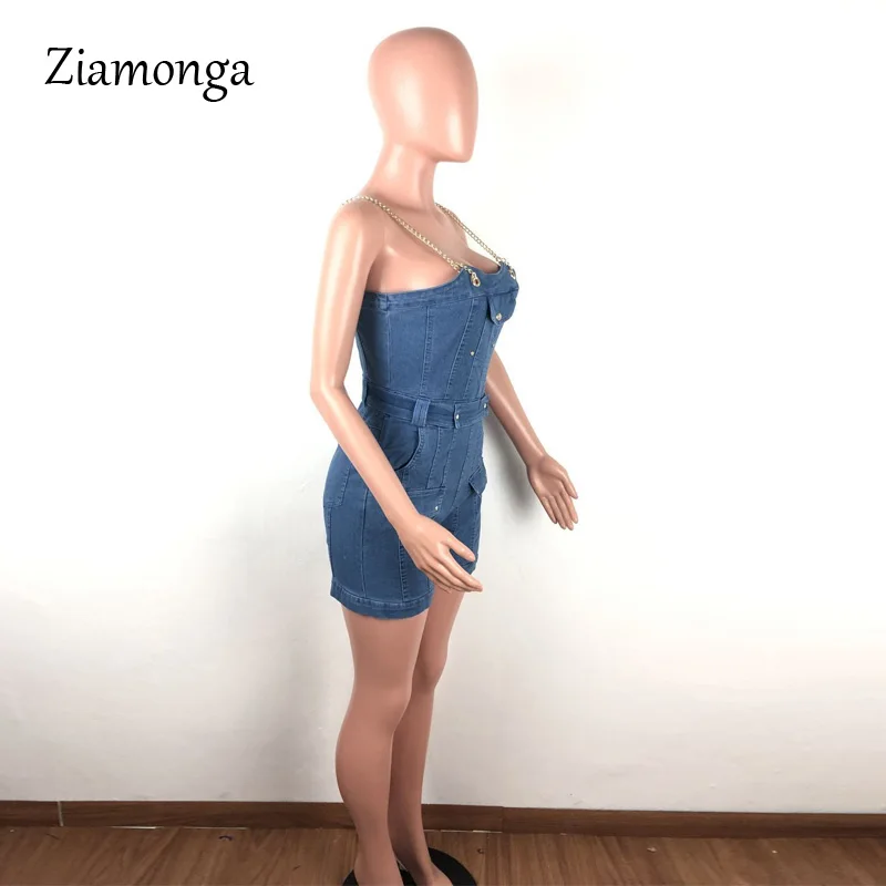 Ziamonga, Летний джинсовый комбинезон с цепочкой, женский модный комбинезон на пуговицах, обтягивающий сексуальный короткий комбинезон, женский комбинезон с карманами, повседневный женский комбинезон
