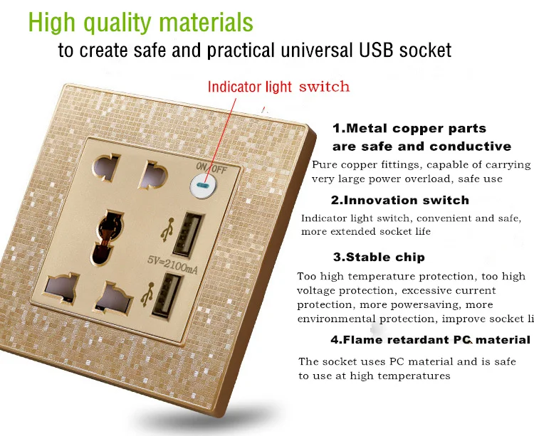 Universal Champagne Gold Dual USB Wall socket Electric Charger Dock Station Socket Power Outlet Panel for iPhone Samsung | Электроника