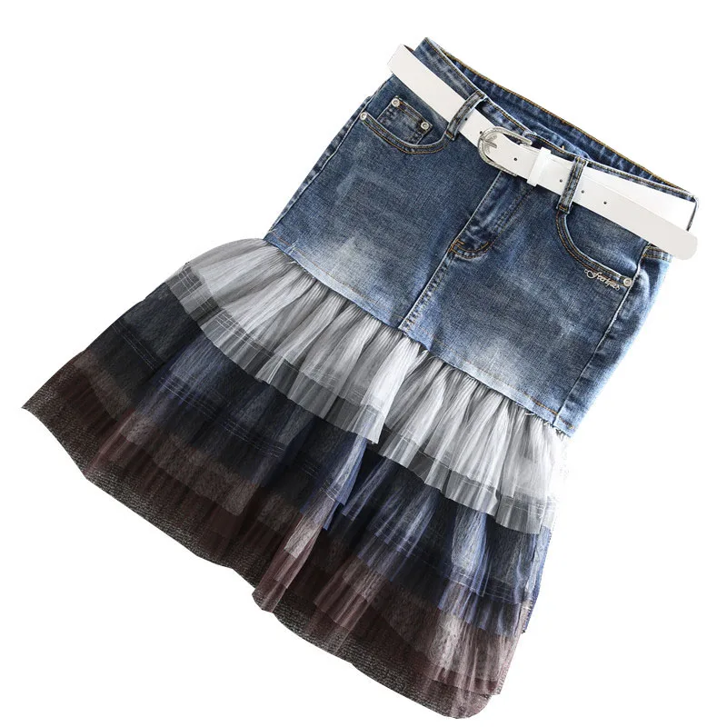 Джинсовая юбка женская летняя обувь модные высокие сапоги до колена длина сетки