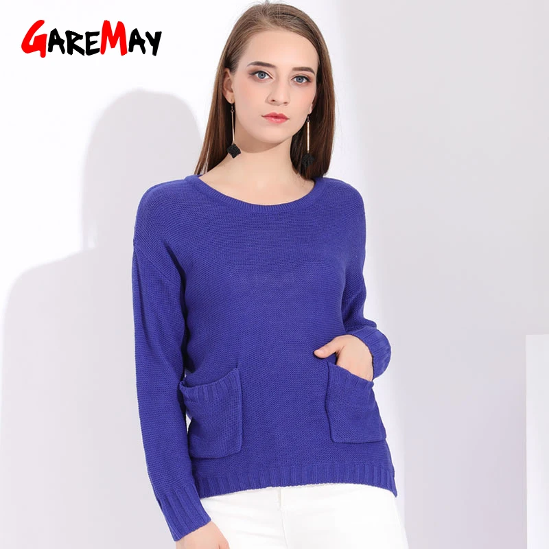 Garemay Casual Thin Sweater Women Pullover Knitted Pocket Long Sleeve Womens Blue Women's Jumper Ladies Sweaters Fashion | Женская