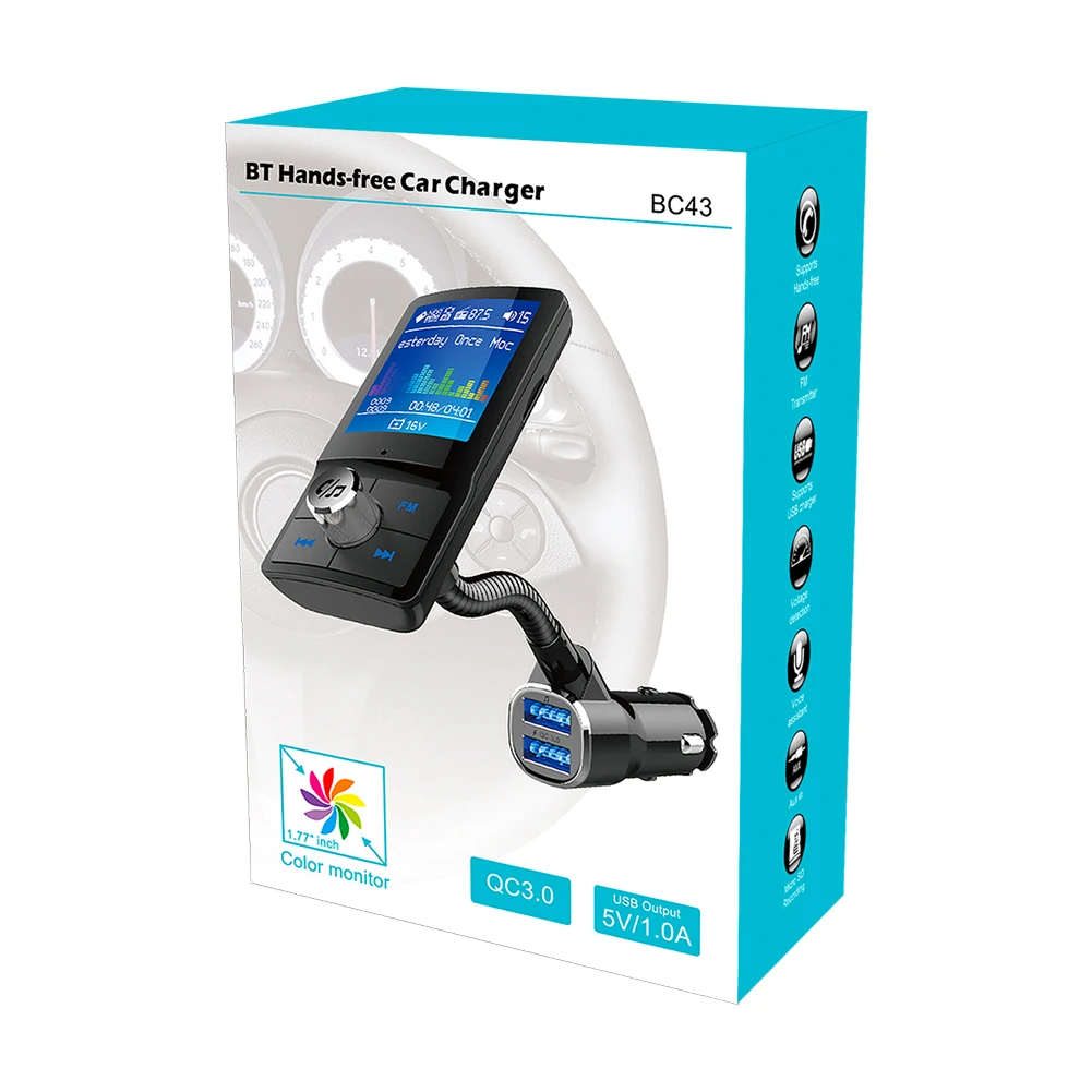

Color Screen FM Transmitter Car MP3 Wireless Bluetooth Handsfree Car Kit Audio AUX Modulator with QC3.0 Dual USB Charge 34