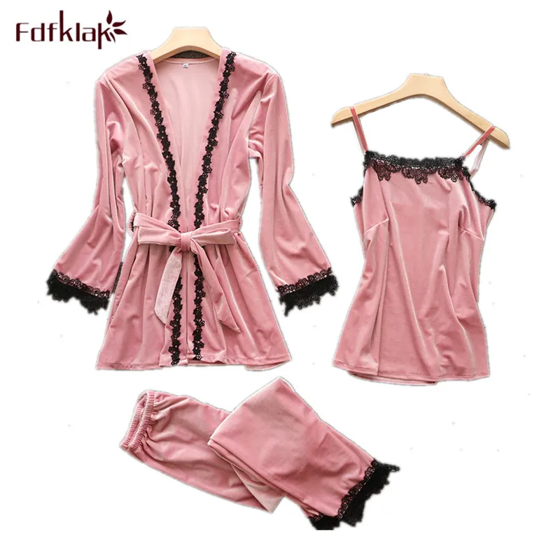 Сексуальная пижама Fdfklak Женская осенне-зимняя Пижама комплект из 3 предметов с