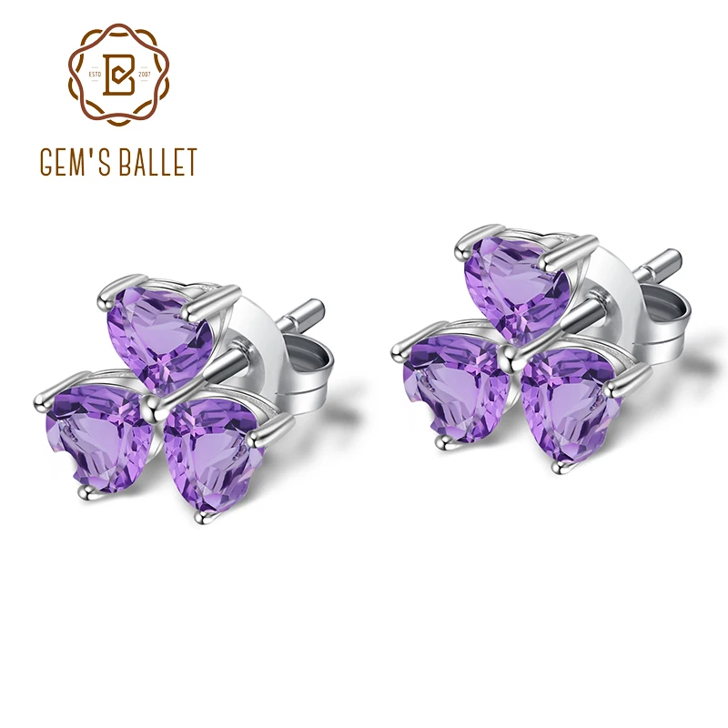 GEM'S BALLET 1.43Ct Natural Amethyst Heart Romantic Earrings 925 Sterling Silver Leaf Clover Stud for Women Jewelry | Украшения и