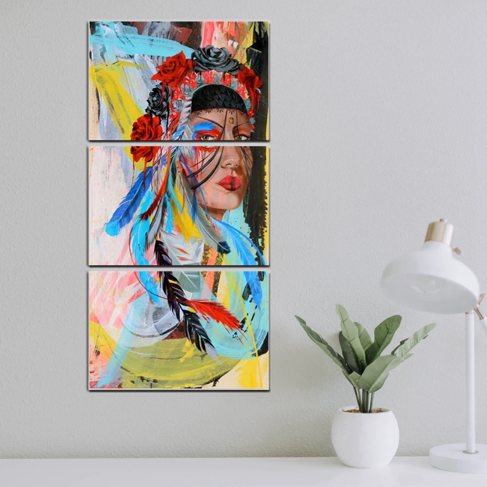 

Dropship 3 Piece American Tribe Feather Girl Artwork Portrait Wall Art Canvas Print Abstract Canvas Painting for Room Home Decor