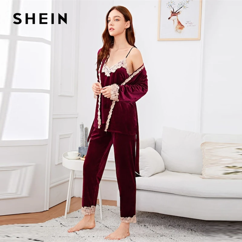 SHEIN Комплект Пижамы Из 3 Предметов Пижама С Кружевной Контрастной