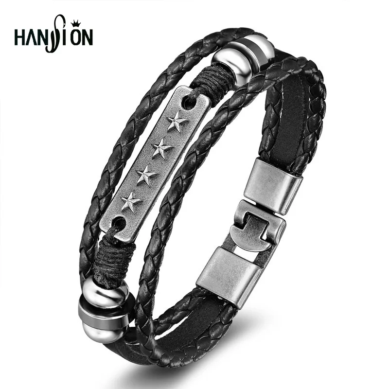 Кожаный браслет из восковой верёвки ручной работы Infinity Stars Black Weave|friendship gifts|rope