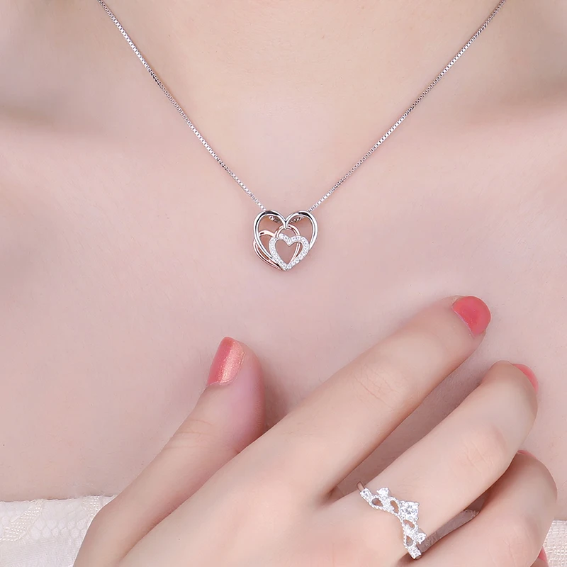 Серебрянная подвеска сердце к сердцу ожерелье 925 Серебряное колье эффектное