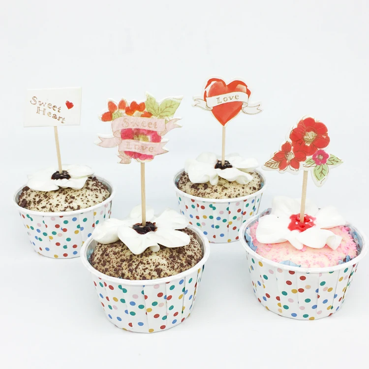 24 шт./лот топперы для торта в виде сердца и цветов с надписью Love Мультяшные