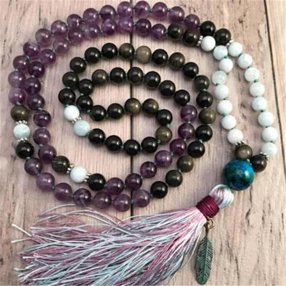 

Модное женское энергетическое ожерелье 8 мм из натурального фиолетового кристалла обсидиана 108 бусины мала с узлом Йога медитация ювелирны...