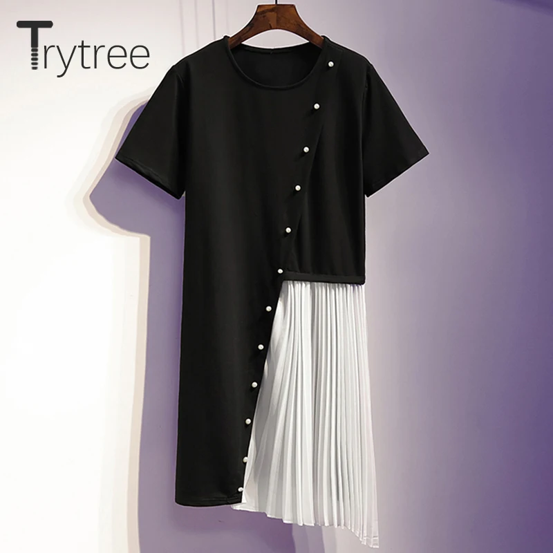 Женское платье-футболка Trytree черное Повседневное платье до колена с о-вырезом и