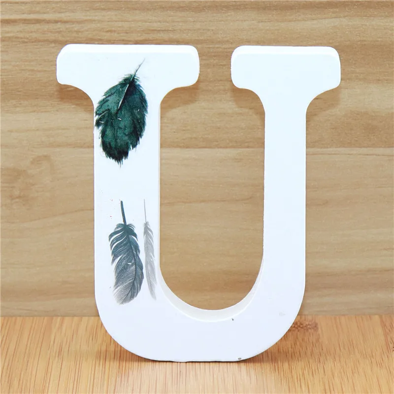 U 1 шт., 10 см, белые деревянные буквы, декоративные буквы алфавита, слова, имя, дизайн, искусство, ремесла, стоячие, форма пера, свадебный дом, сделай сам - Цвет: U