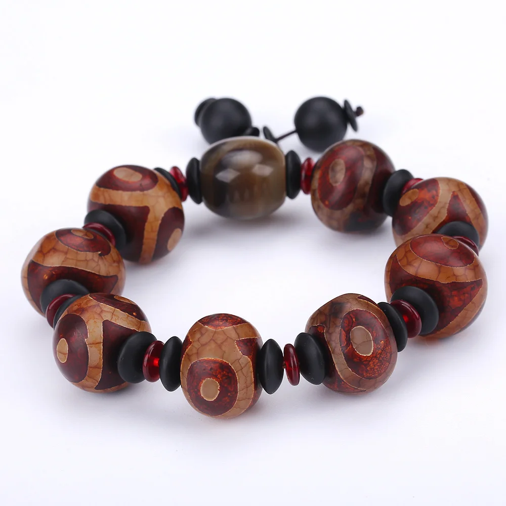 Tibetan Dzi Beads Bracelet Ethnic Style Great Quality 9 eyes Men's Natural Gray Agate Chalcedony Power Chakra | Украшения и