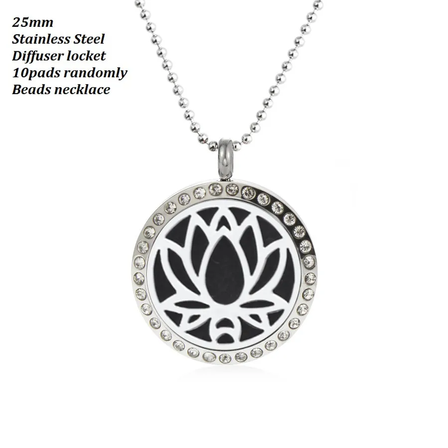 25mm necklace locket Lotus Ribbon tree of life diffuser Perfume 316L Stainless Steel with S.S beads chain 10pad | Украшения и