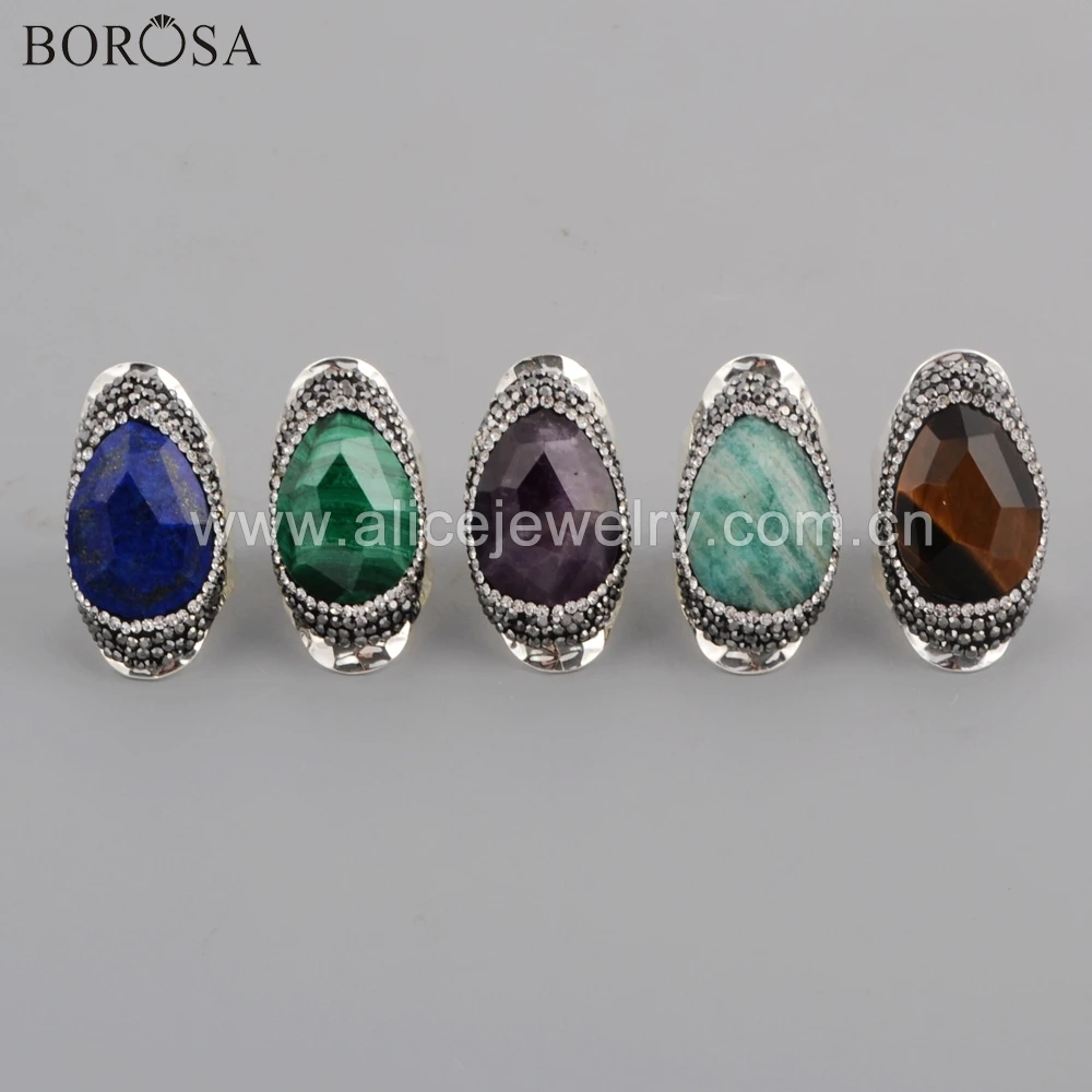 BOROSA 5PCS wholesale Lapis Lazuli Faceted Drop Paved Crystal Band Rings Amethysts malachite tiger eye Amazonite JAB956-2 | Украшения и