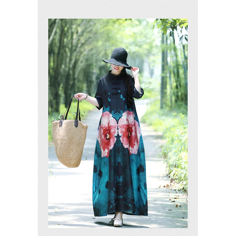 Винтажное хлопковое льняное платье с принтом для женщин Свободные повседневные