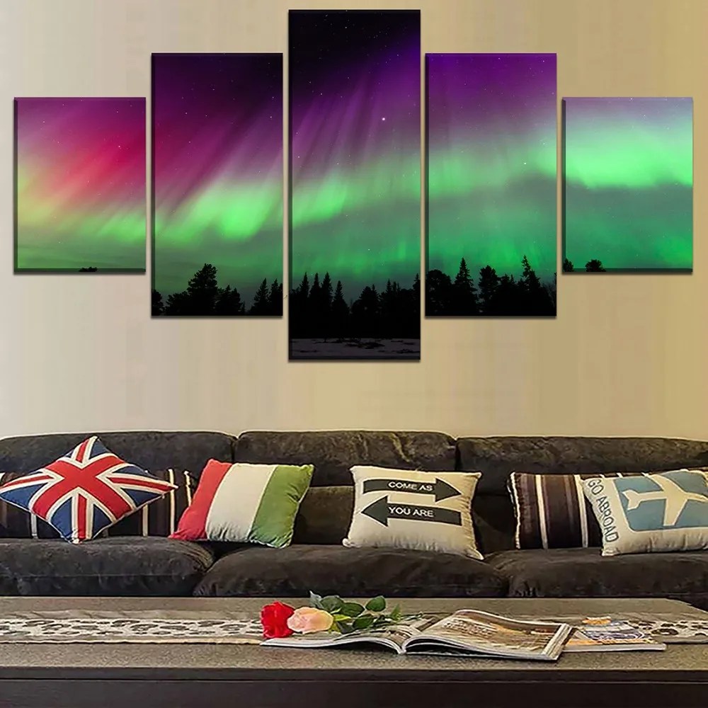 5 панелей современный холст HD Печатный Цвет Аврора Borealis Живопись стены Искусство