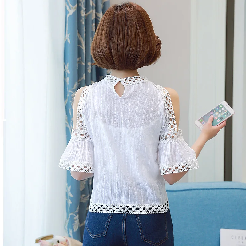 Кружевная блузка с холодным плечом белая модная 2018 летние топы в Корейском стиле